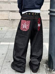 1 قطعة بنطال جينز رجالي فضفاض مطرز بساق واسعة، طراز شارع كاجوال، مريح وشامل لجميع المواسم