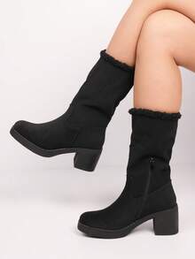 Mid Calf Winter Boots With Soft Lining And Block Heel - Black - View 1