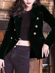女士优雅通勤天鹅绒双排扣长袖西装外套，秋冬 - 墨綠色 - 查看 5