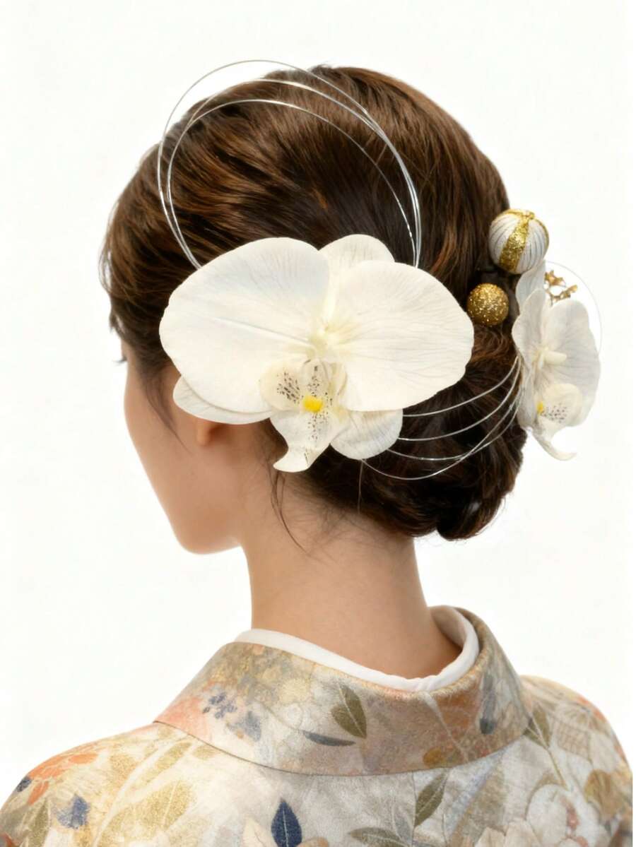 Ukiyo 胡蝶蘭 髪飾り 成人式 髪飾り 和婚 結婚式 白無垢 和装ヘアアクセサリー 浴衣 Uピン式 つまみ細工 振袖向け 卒業式 着物 花嫁 七五三 ヘッドドレス 前撮り 和玉 水引 花嫁 卒業式 着物 和服 髪飾りセット 花火大会  夏祭り - ホワイト - チェックする 1