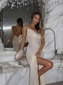 Basrey Đầm dạ hội màu trơn, trễ vai, cổ chữ V, đính sequin, eo cao, hở lưng, hoàn hảo cho các bữa tối trang trọng, chụp ảnh, tiệc tùng và là lựa chọn lý tưởng cho ngày Valentine, đám cưới hoặc tiệc mùa xuân màu trắng. - trắng - Xem 3