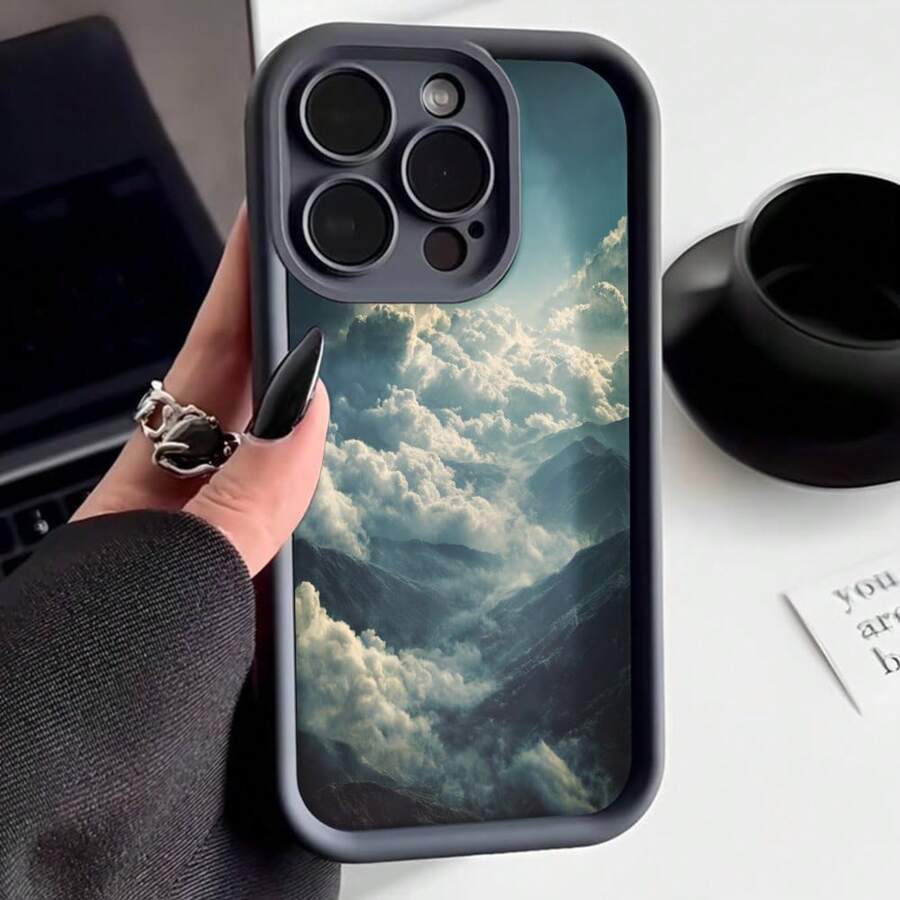 Cubierta de teléfono con borde negro diseño de montañas y nubes impresión paisaje natural para uso diario y viajes - Blanco - Ver 1