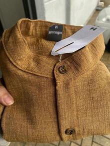 Men's Short-Sleeve Shirt With Mandarin Collar And Linen-Look - Assorted Colors - Comfortable - Apricot - View 6
