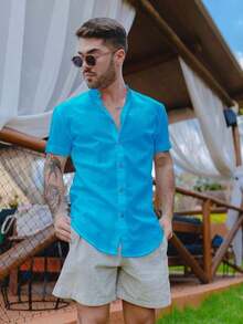 Men's Short-Sleeve Shirt With Mandarin Collar And Linen-Look - Assorted Colors - Comfortable - Cadet Blue - View 5