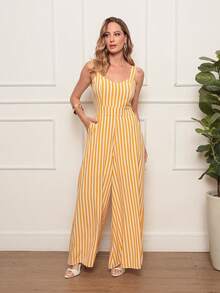 Plain, Loose-Fitting Tailored Jumpsuit With Wide-Leg Pants And A Back Zipper. Super Comfortable. - Yellow Striped - View 3