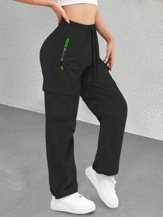 Women's Straight Leg Workout Pants, Casual Lightweight Breathable Pants With Contrast Zipper Pockets, Versatile For Multiple Occasions