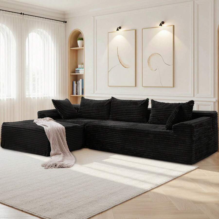 KORSER 108" Sectional Couches For Living Room, Modular Sectional Sofa With L-Shape Chaise, Cloud Couch Sectional, Comfy Corduroy Fluffy Couch With Deep Seat And Side Pockets, No Assembly Required - màu đen - Xem 1