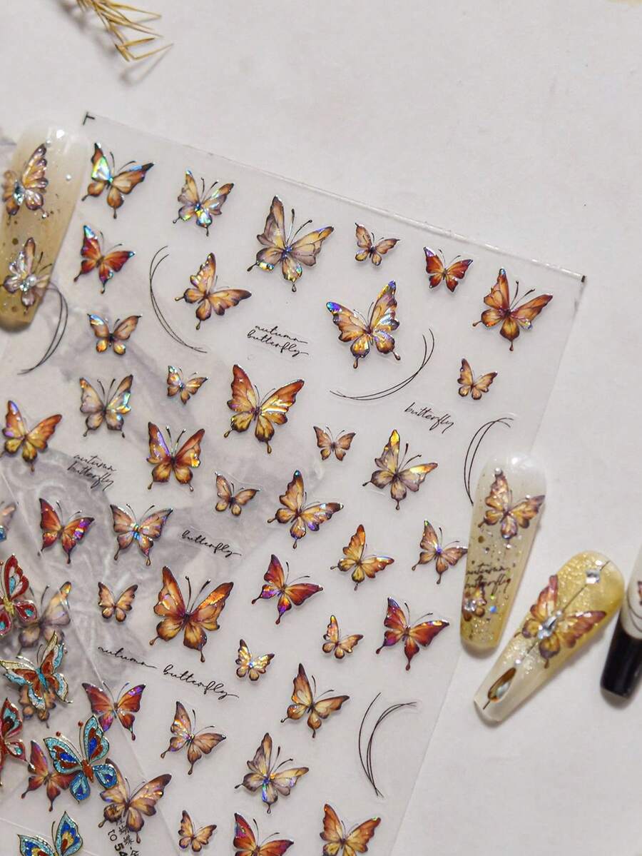1 Stück glänzender Herbstblatt-Schmetterling Tier Insekt fliegender Schmetterling irisierender 5D Nail Art Aufkleber leuchtende Natur Fantasy Maniküre Abziehbilder für Frauen verzauberte Flügel Nagel Aufkleber für lange und kurze Nägel selbstklebende Dekoration