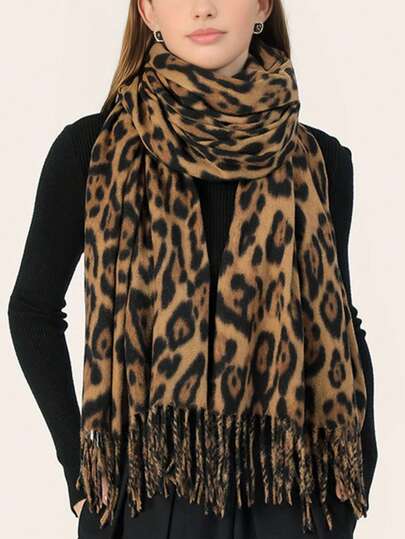 1pc Women's Leopard Print Cashmere Scarf, New Autumn/Winter Tasseled Warm Scarf, Comfortable Large Shawl, Windproof And Warm For Outdoor, Simple And Versatile For Daily Wear