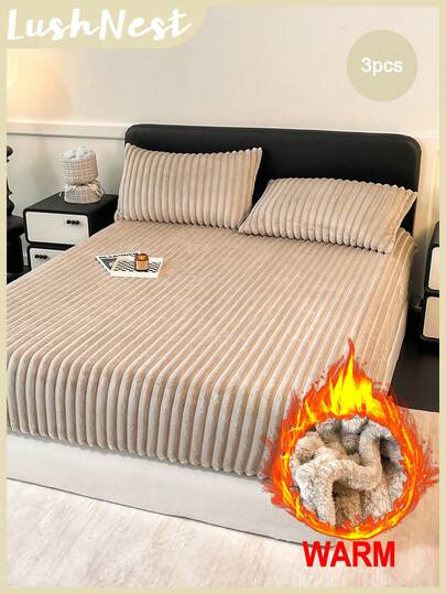 3pcs Light Khaki Gray Double-Sided Layering Rabbit Fur Plush Fitted Sheet Set (1 Fitted Sheet + 2 Pillowcases Without Insert), Suitable For Room Decoration, Daily Polyester Fiber, Soft And Skin-Friendly, Indoor Bedroom, Master Bedroom, Guest Room, Secondary Bedroom, All-Season Use, Plush Bedding, Cozy Luxury, Winter Essentials, Trending Home Decor