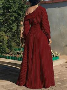 Plus Size Women's Dress, Colorblock Striped Print, Asymmetric Collar, Long Sleeve Shirt Dress, Pocket Design, Casual Daily, Fashionable & Elegant, Suitable For Vacation, Office Commute, Autumn/Winter - Red - View 5