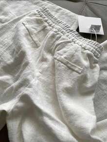 女士新款畅销舒适休闲裤，弹性腰带设计，柔软透气亚麻长裤，白色，春季款 - 白色 - 查看 3