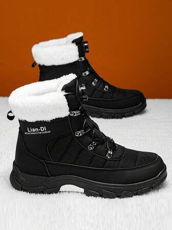 Men's Snow Boots, New Winter High-Top Thick Fur Lining Warm Boots, Thick Sole Anti-Slip Leather Boots, Outdoor Hiking Shoes With Rotating Button Design, Classic Mid-Calf Fur Collar Boots, Anti-Slip Thick Sole, Super Cold-Resistant, Ice And Snow World Winter Essential Snow Boots For Men
