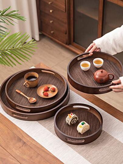 1 pezzo Vassoio rotondo in noce con manico, adatto per snack, dessert, biscotti, antipasti, uso polivalente