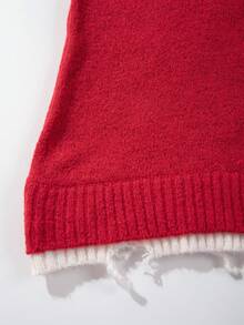 Unisex Casual Crew Neck Patchwork Distressed Hem Long Sleeve Knit Sweater, Loose Fit, Suitable For Autumn And Winter