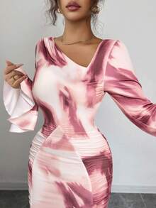 Women's Asymmetrical Waist-Cinched Pleated Bodycon Long Dress, Suitable For Christmas, New Year, And Dates - Rose Pink - View 5