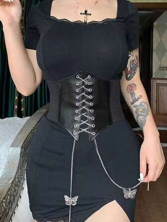 1 st svart midjebälte för kvinnor med metallfjärilsband, brett resårband i midjan, midjeband för klänningar, skjortor (fjärilsposition skickas slumpmässigt - övre eller nedre)