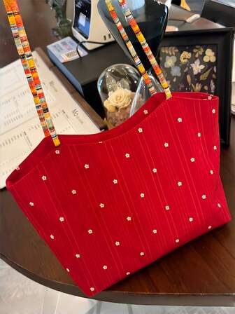 Women's Handbag, Stylish Unique, Christmas Decor, Red Stripe, White Floral, Wavy Edge, Vintage Style, Linen Fabric, Daily Commute, Travel Portable, Multifunctional, Large Capacity