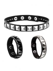 Punk Rock Faux Leather Studded Necklace Bracelet Set, Unisex Choker Wristband For Daily, Festival, Party Outfit, Gothic Choker Bracelet Set