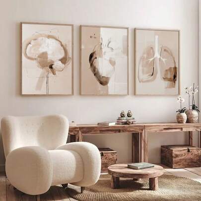 1/3 piezas Conjunto de pósteres de lienzo abstractos médicos de anatomía humana en estilo boho beige sin marco, decoración de pared para clínica con impresiones de pulmones, corazón y cerebro, decoración maximalista para apartamento, sala de estar, dormitorio, decoración del hogar moderna