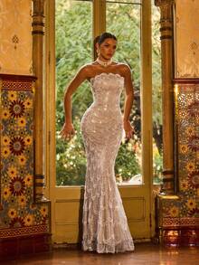 Faeriesty 情人节高级魅力优雅无肩带美人鱼晚礼服，女士专属——精致串珠亮片正式礼服，完美适用于婚礼、盛大晚宴、黑领结舞会、红毯活动、慈善晚宴、生日派对、夏季度假等场合。 - 香檳色 - 查看 2