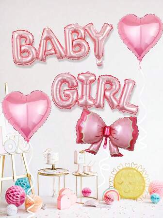 5件套粉色性别揭晓气球套装，包含粉色“Baby Girl”字母气球、粉色蕾丝蝴蝶结气球、18英寸粉色心形铝箔气球，适用于性别揭晓派对、生日派对、迎婴派对主题派对、拍照背景等。