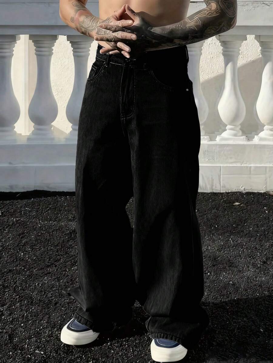 Men's Retro Loose Casual Versatile Denim Jeans, Suitable For All Seasons - Black - View 1