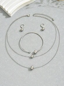 1 Set Women's Silver Exaggerated Sphere Design Necklace + Bracelet + Earrings Jewelry Set, Suitable For Daily Wear - Silver - View 5
