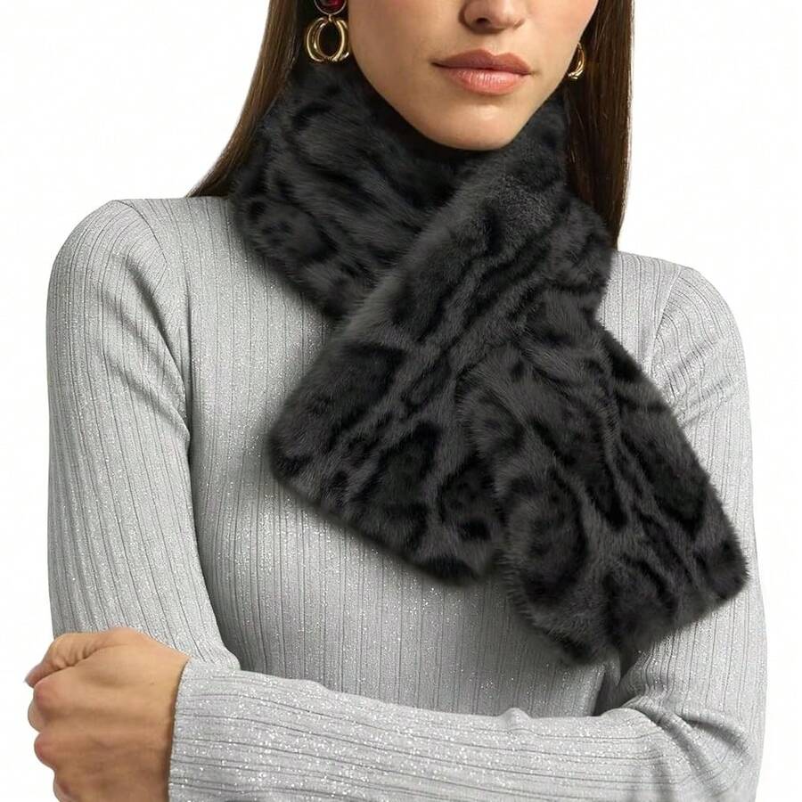 Womens Fur Collar Scarf Leopard Print Faux Fur Scarves For Women, Neck Shrug For Spring Fall Winter,LeopardPrintGrey - 豹紋灰色 - 查看 1