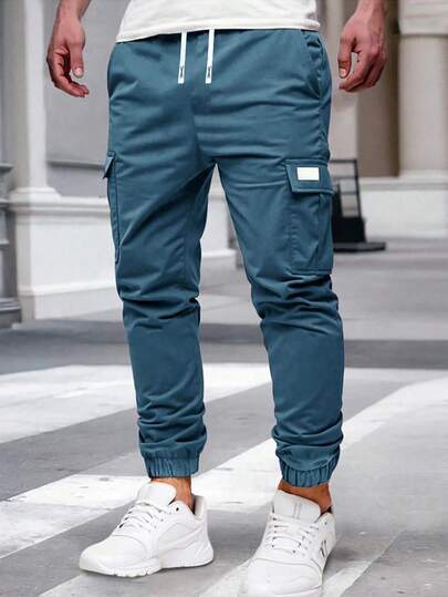 1pc Teen Boys Simple Front Lace-Up Pocket Cargo Pants, Casual Daily Wear