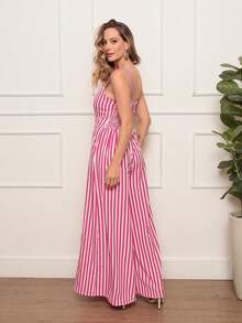 Plain, Loose-Fitting Tailored Jumpsuit With Wide-Leg Pants And A Back Zipper. Super Comfortable. - Pink Striped - View 4