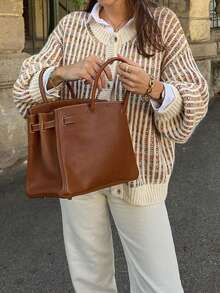 女士时尚条纹前开襟纽扣口袋针织开衫毛衣，适合假日、度假和日常穿着 - 彩色 - 查看 3