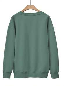 Women's Drop-Shoulder Sweatshirt, Casual Long-Sleeve Round-Neck Pullover For Spring And Summer, Casual Attire Top, Outerwear, Women's Clothing, Patterned Sweatshirt, Casual Streetwear Sweatshirtgifts For Mom-Free Shipping - 橄欖綠 - 查看 2