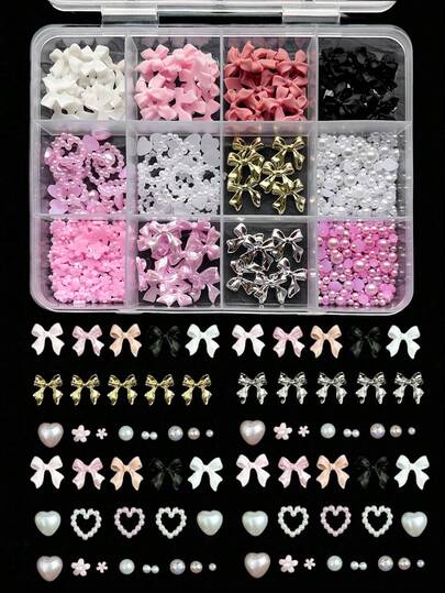 12-Compartment Box Mixed Resin Faux Pearl Bow, Heart, Mini Floral Decor For Diy Nail Art Accessories, Versatile & Cute Nail Supplies Nails Nail Charms Nail Gems