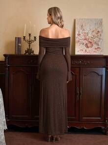 PARTHEA Off Shoulder Ruched Sequin Mesh Long Dress - Brown - View 3