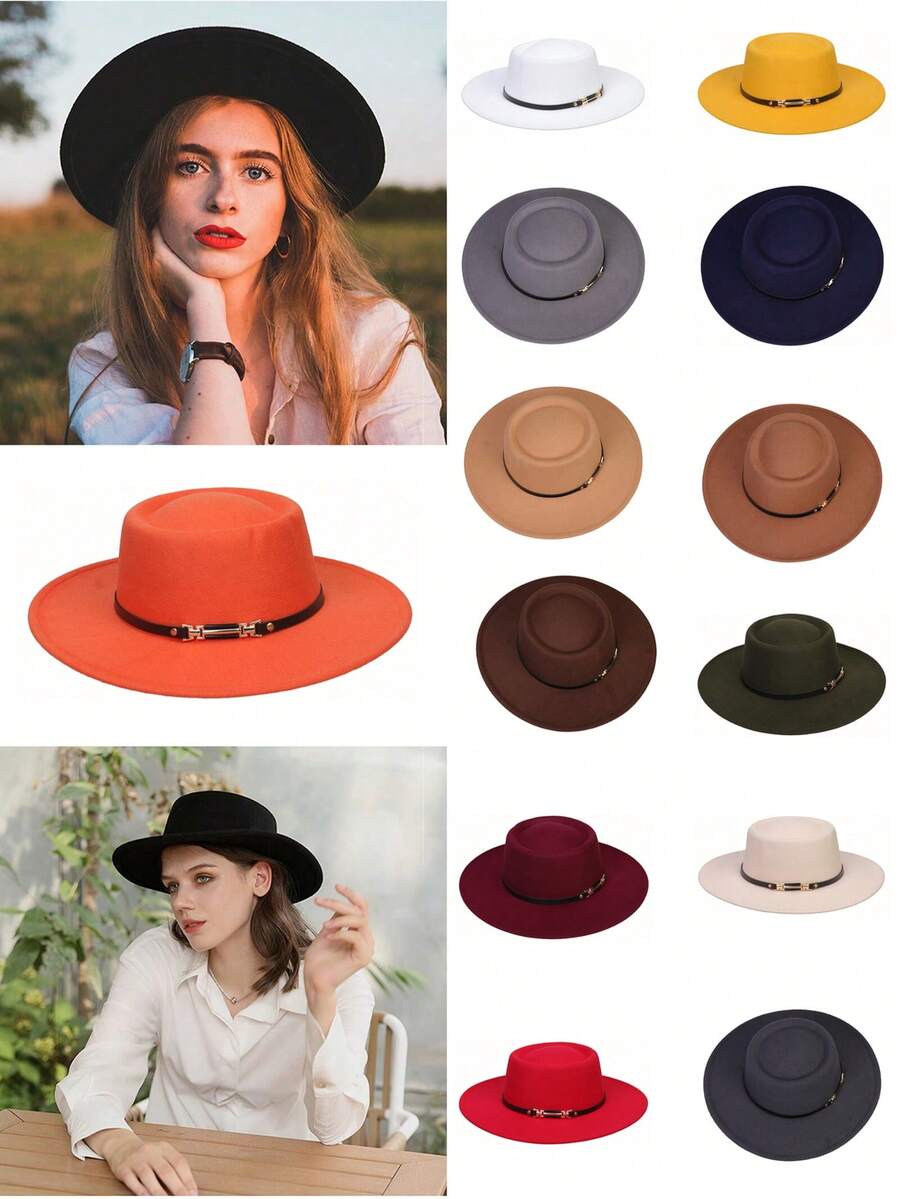 1pc Solid Color Wide Brim Indented Crown Felt Hat, French Fashion Round Top Wool Felt Hat, Wide Brim Church Derby Hat Retro British Style, Suitable For Travel, Vacation, Beach, Daily Use - A - View 1