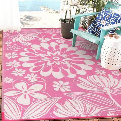 Ileading Outdoor Plastic Straw Rug 5x8ft Funny Floral Style Reversible Patio Area Rugs Waterproof Non Shedding Portable Carpets Rv Outside Deck Pool Beach Picnic Camping (Pink)