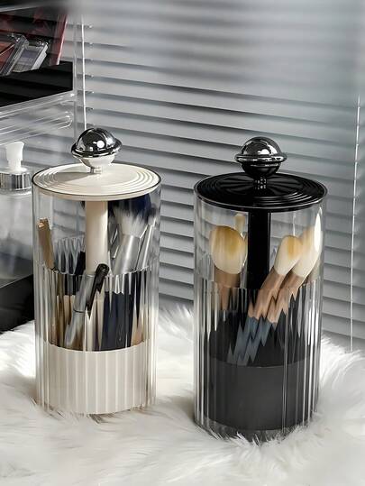 Automatic Lift-Up Makeup Brush Holder With Push-To-Open Lid, Waterproof And Dustproof Dome Cover. Dustproof Vanity Top Cosmetic Storage Box With Eyebrow Pencil Brush Holder. Automatic Lift-Up Makeup Brush Holder Suitable For Vanity Tables And Bathroom Countertops. Holds Brushes, Pens, Eyeliner, Eyebrow Pencil (Pl).