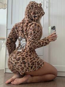 SANRIO Leopard Print Women's Casual Hooded Plush Jumpsuit, Comfortable & Minimalist, Suitable For Autumn/Winter Home Wear - Brown - View 4