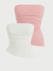 Set Of 2 Strapless Cropped Tops In Stretchy Fabric With Side Draping, Strapless Design, And Wavy Hem, Offering Style And Comfort. - 白色和淡粉紅色 - 查看 2
