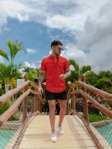 Men's Short-Sleeve Shirt With Mandarin Collar And Linen-Look - Assorted Colors - Comfortable - Red - View 5