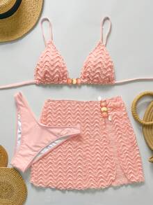 Bikinx 3pcs/Set Women's Wavy Pattern Backless Sexy Bikini Swimsuit Set With Spaghetti Strap Top And Beach Dress, Suitable For Beach Vacation, Summer - Pink - View 1