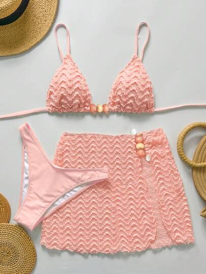 Bikinx 3pcs/Set Women's Wavy Pattern Backless Sexy Bikini Swimsuit Set With Spaghetti Strap Top And Beach Dress, Suitable For Beach Vacation, Summer