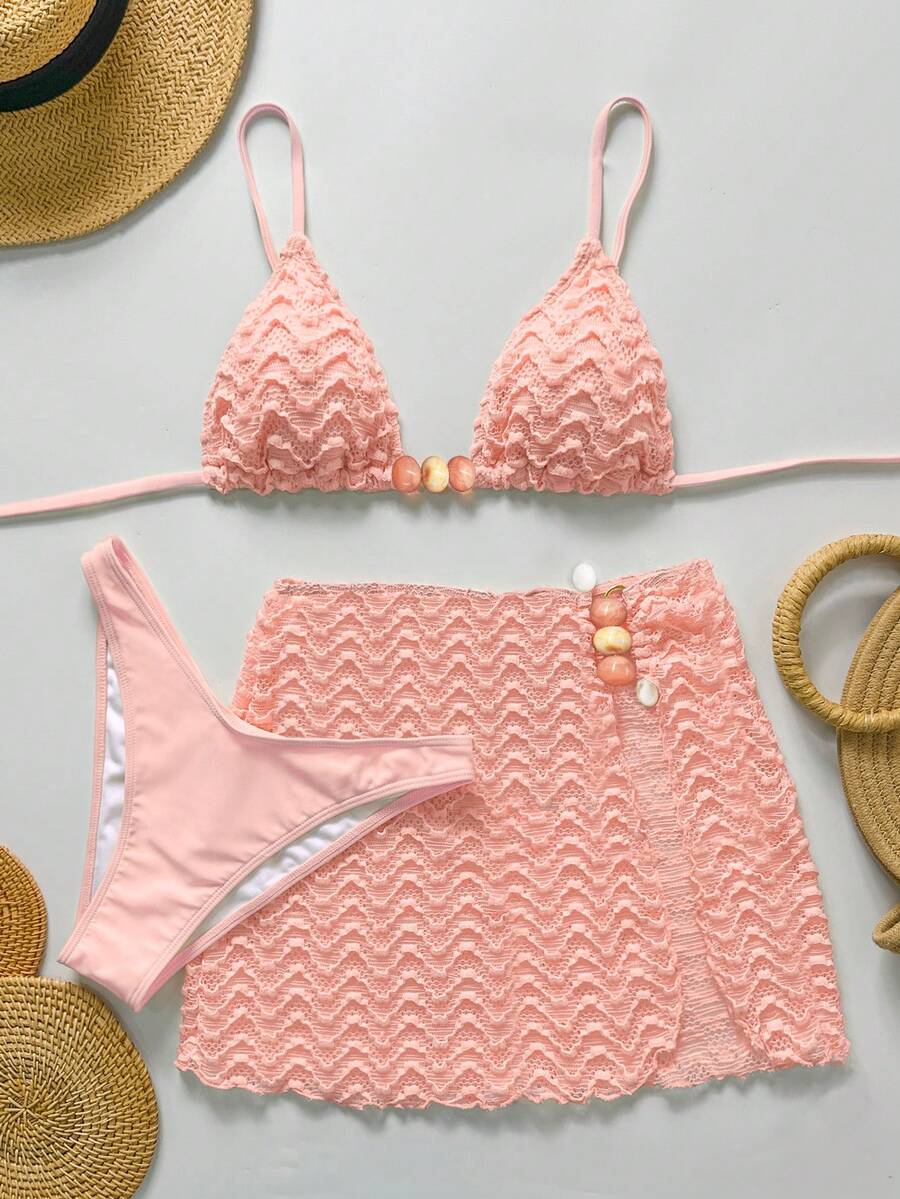 Bikinx 3pcs/Set Women's Wavy Pattern Backless Sexy Bikini Swimsuit Set With Spaghetti Strap Top And Beach Dress, Suitable For Beach Vacation, Summer - Pink - View 1