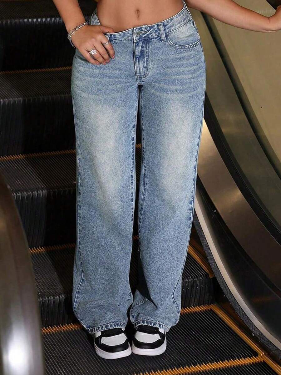 Jeans versátiles de unicolor casual para adolescentes y niñas - Azul - Ver 1