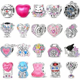 1件新款S925银心形、猫、熊、珠子、拉丝盘吊坠，适用于欧洲原创手链DIY精致首饰