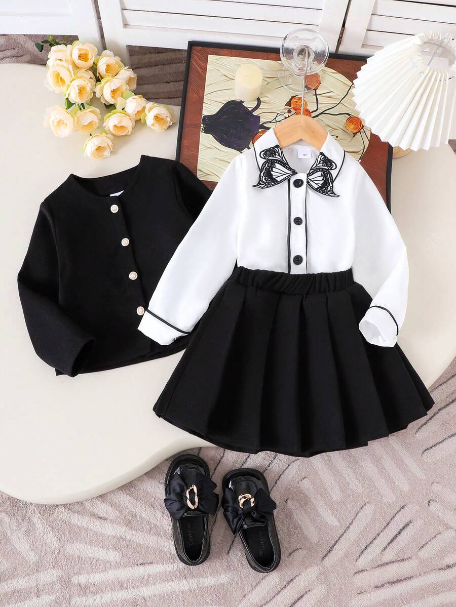 3pcs Girls Elegant Long Sleeve Jacket, Butterfly Print Long Sleeve Blouse, Skirt Set, Autumn/Winter - Black - View 1