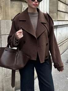 Áo khoác ngắn ve hai hàng khuy đơn sắc màu tối thanh lịch dành cho nữ, thích hợp mặc hàng ngày, đi làm, giải trí tại nhà, trở lại trường học và các dịp khác - màu nâu - Xem 8