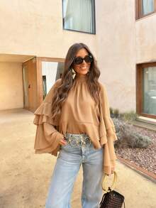 Chiffon Layered Ruffle Elegant Luxury Design Women Blouse, Suitable For All Seasons, Autumn Fabric - Khaki - View 6
