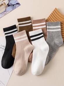 6 Pairs Women's Striped Business & Casual Socks With Elastic Band, Soft, Comfortable, Fashionable & Elegant Mid-Calf Socks For Daily Wear